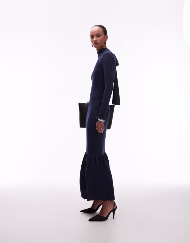 ASOS DESIGN power shoulders maxi dress with bow back and peplum hem in navy
