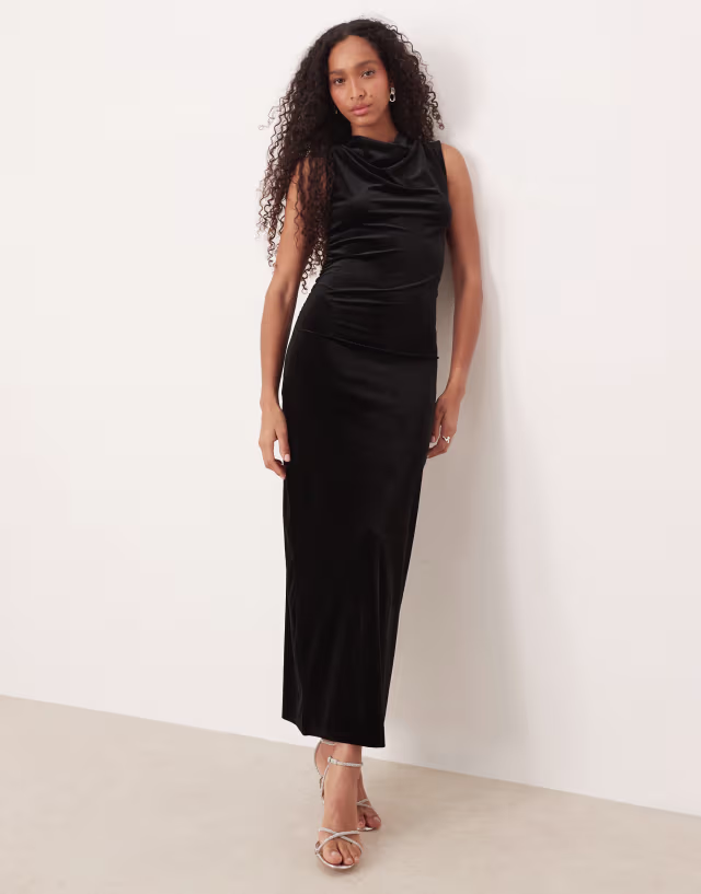 Vila high neck velvet ruched maxi dress in black