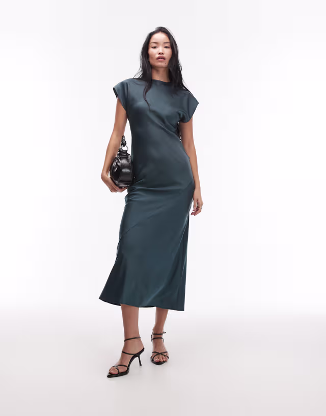 ASOS DESIGN cap sleeve seam detail satin maxi slip dress in green