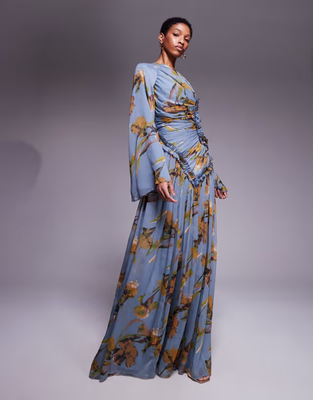 ASOS DESIGN Tall crinkle chiffon gathered maxi dress with micro ruffles in blue floral print