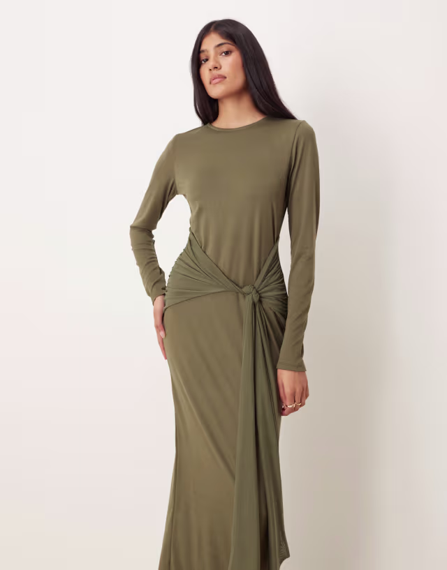ASOS DESIGN long sleeve tie front maxi dress in khaki green