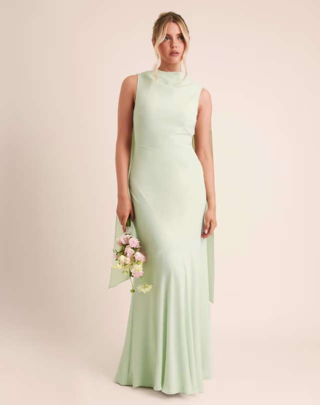 Six Stories Bridesmaid crepe high cowl neck maxi dress in mint green