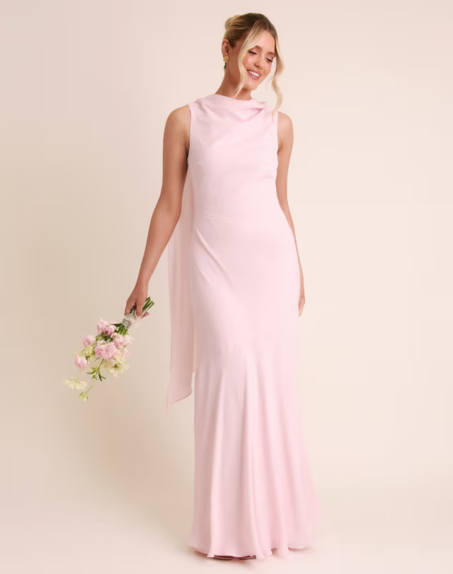 Six Stories Bridesmaid crepe high cowl neck maxi dress in light pink