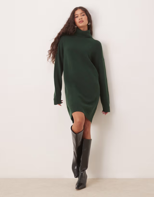 Mango knit soft touch roll neck dress in dark green