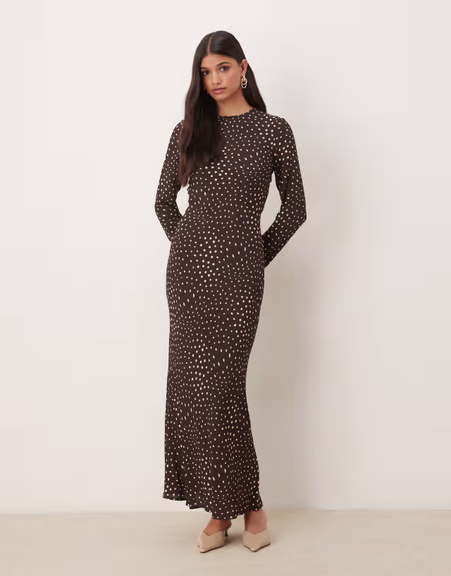 ASOS DESIGN crew neck long sleeve maxi dress in brown dot