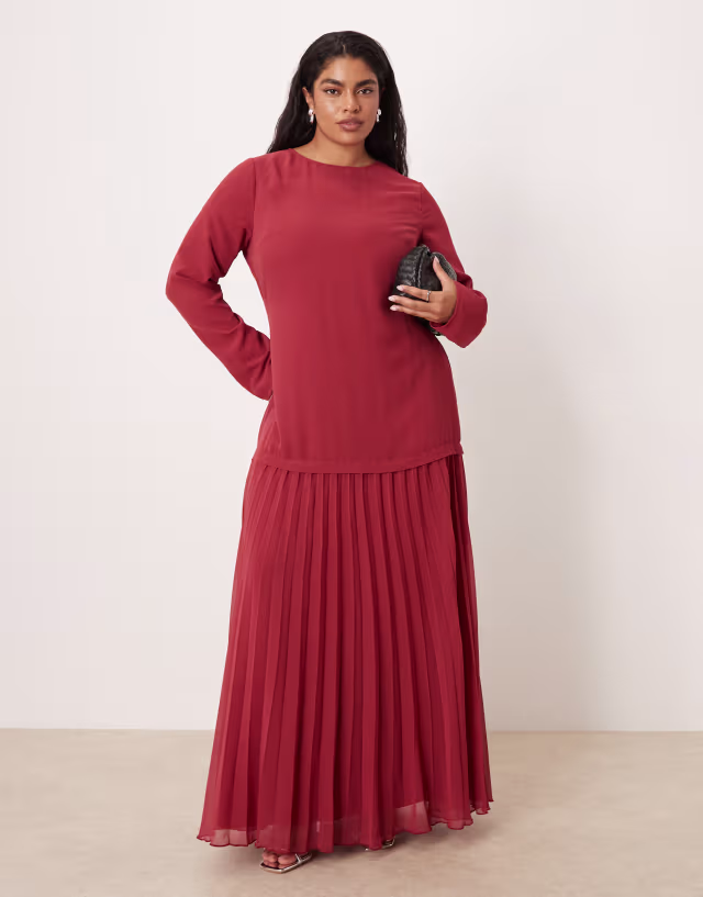 ASOS DESIGN Curve long sleeve pleated skirt maxi dress in deep red