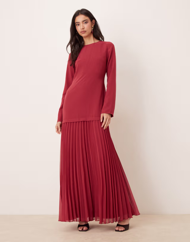 ASOS DESIGN long sleeve pleated skirt maxi dress in deep red