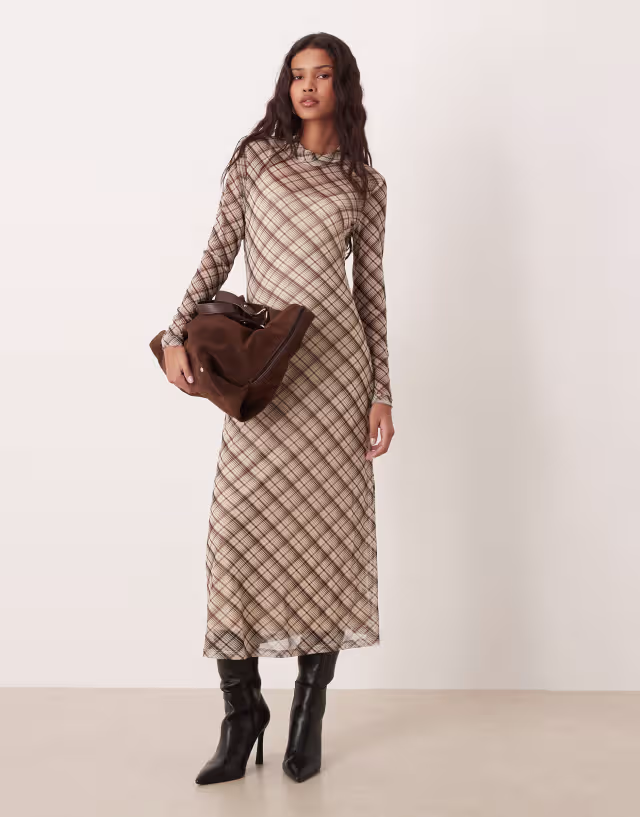 VILA high neck mesh midi dress in brown plaid