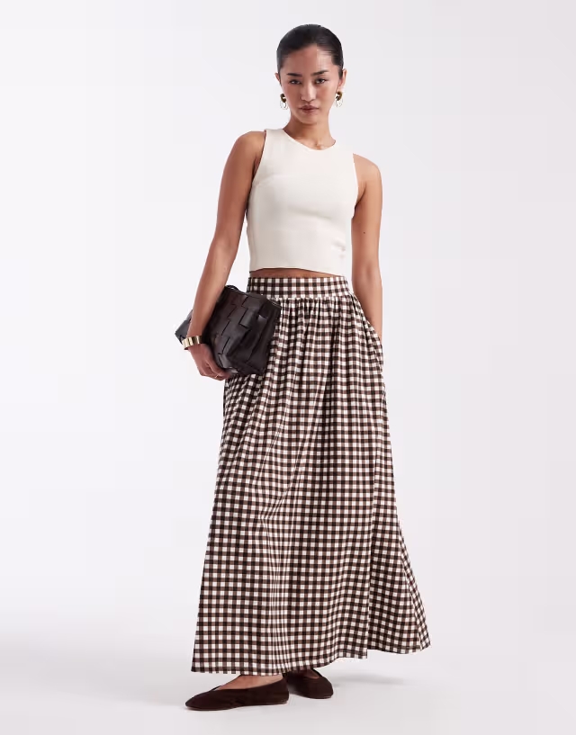 Threadbare jersey A-line maxi skirt in brown gingham print