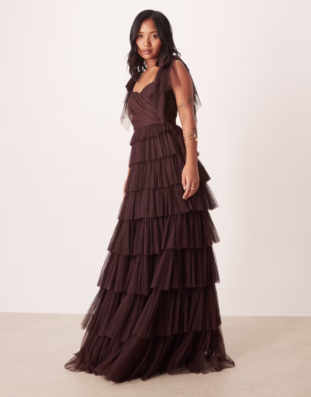 Lace & Beads Petite bow shoulder tiered tulle maxi dress in chocolate plum
