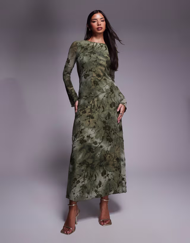 Rare London burnout floral print mesh long sleeve tie front detail maxi dress in green