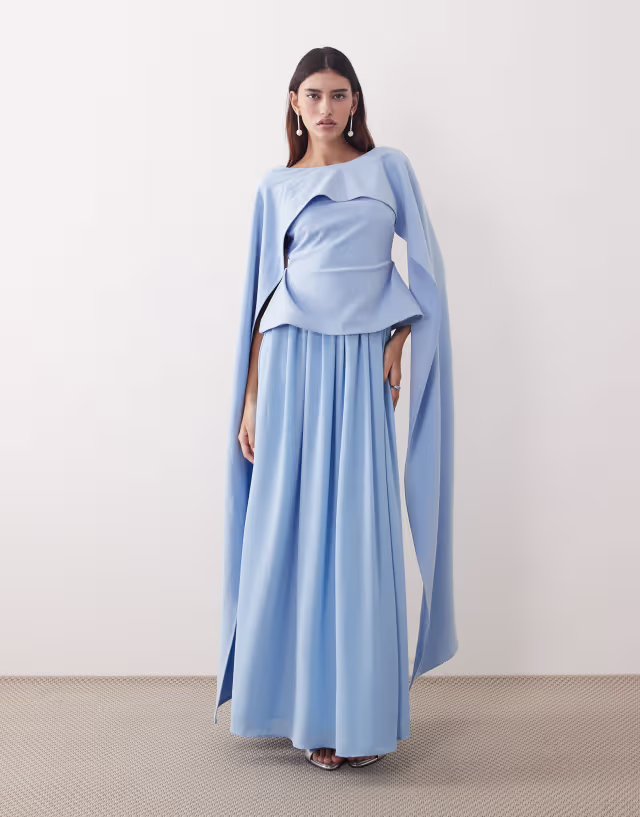 ARRANGE draped shoulders layered pleated maxi dress in pale blue