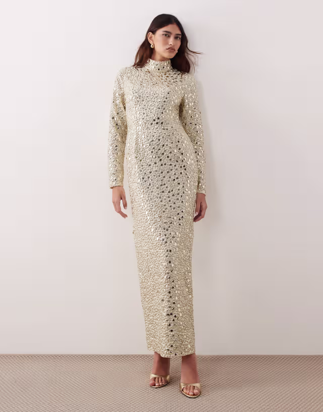 ARRANGE textural sequined high neck long sleeve maxi dress in buttermilk