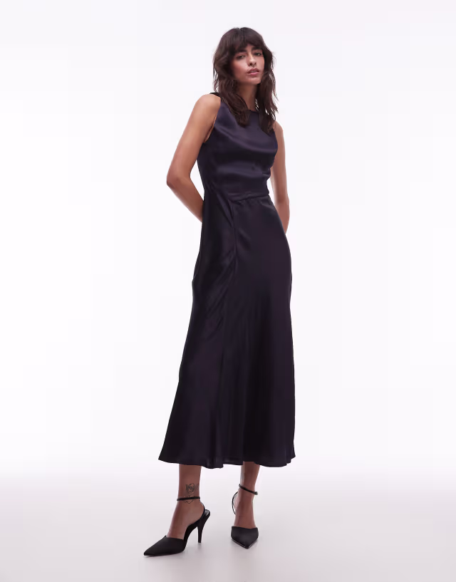 & Other Stories satin crepe midi dress with drape neck in navy