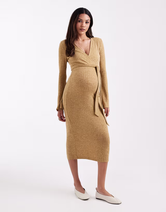 Mamalicious Maternity rib knit nursing friendly wrap front midi dress in heathered yellow