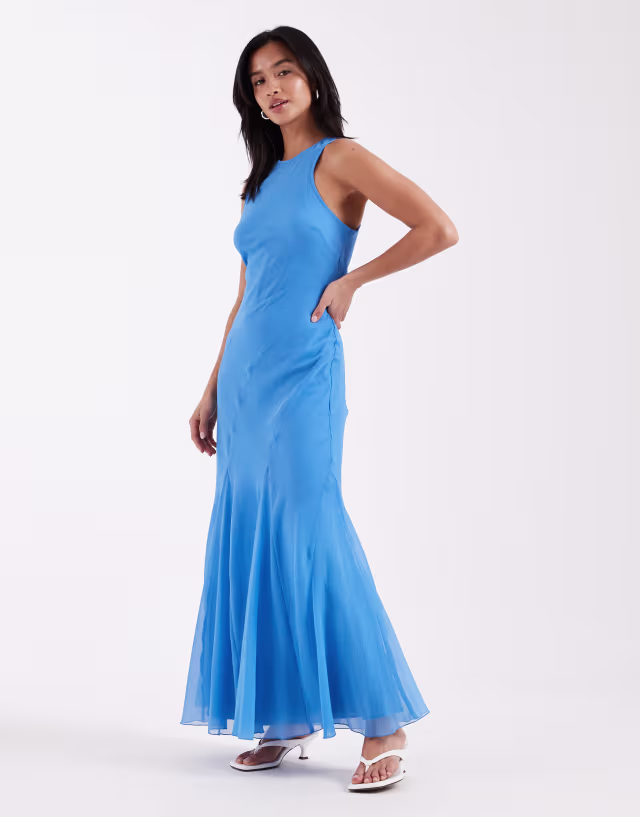 ASOS DESIGN Petite racer neck bias cut maxi dress with godet hem in bright blue