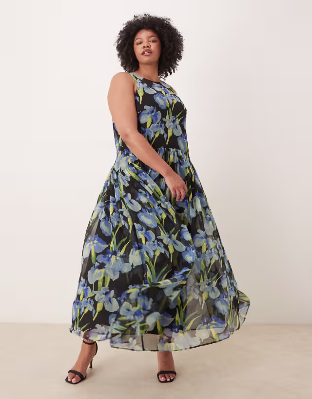 ASOS DESIGN Curve racer neck smock maxi dress in dark based floral