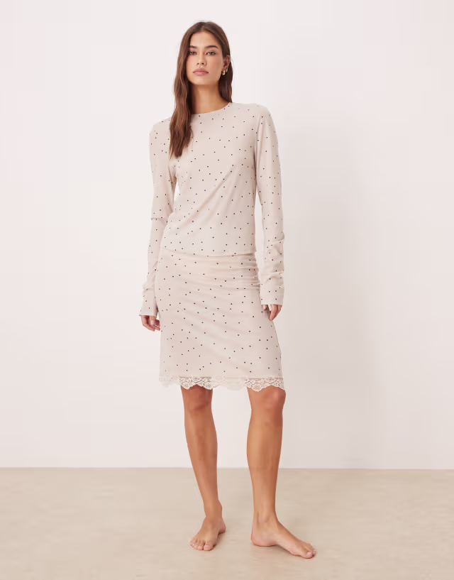 ASOS DESIGN Honey slinky polka dot midi skirt with lace trim in cream