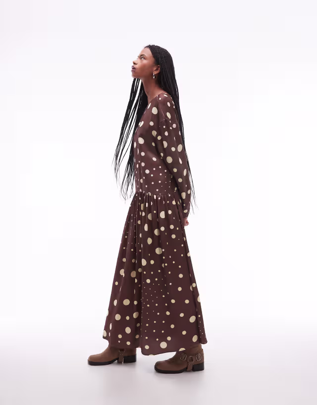 ASOS DESIGN dropped waist maxi smock dress in chocolate polka dots