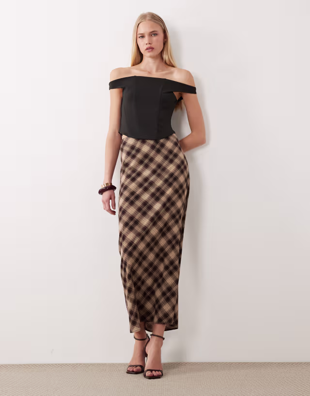 4th & Reckless exclusive crepe column maxi skirt in brown plaid