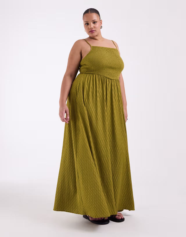 Brave Soul Curve textured jersey dress with shirred bodice in olive