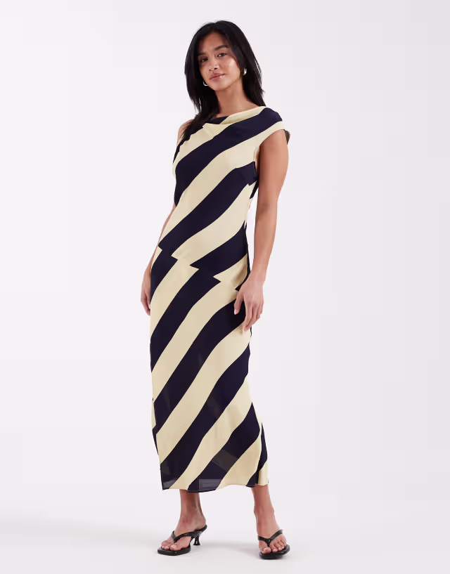 ASOS DESIGN Petite sheer cowl neck midi dress in stripe print