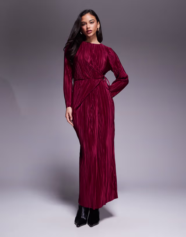 ASOS DESIGN plissé long sleeve wrap tie waist maxi dress in wine
