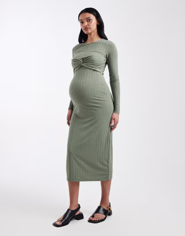 Mamalicious Maternity long sleeve 2 function nursing ribbed midi dress in light green