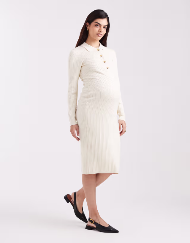 Mamalicious Maternity long sleeve 2 function nursing ribbed button front midi dress in cream