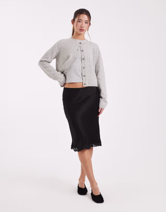 ASOS DESIGN lace trim satin midi skirt in black