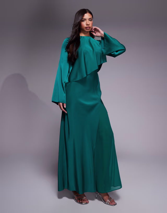 ASOS DESIGN satin long sleeve cape detail maxi dress in teal