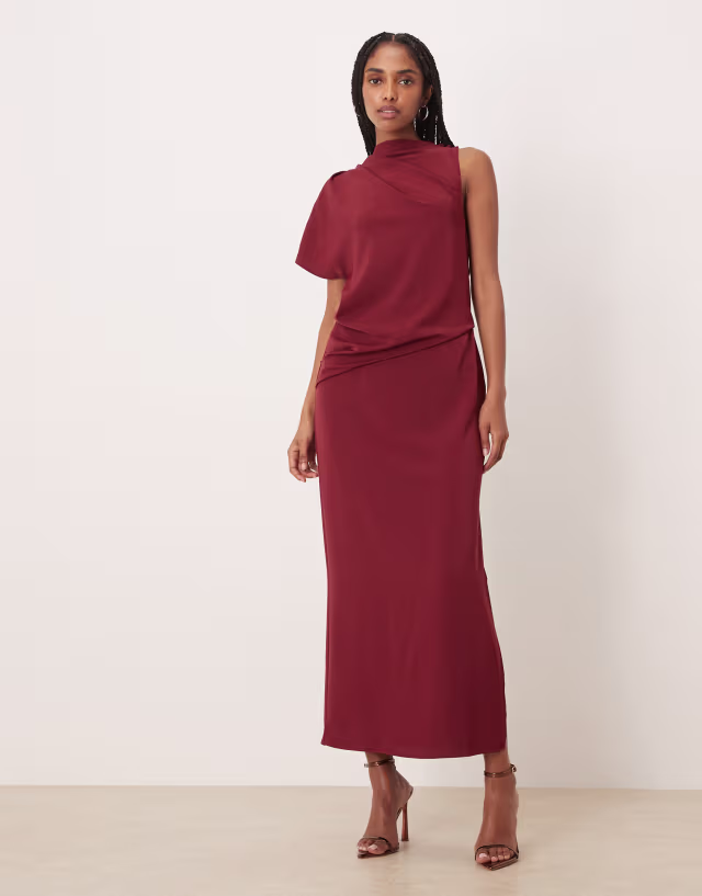 ASOS DESIGN draped one sleeve slinky dress in burgundy