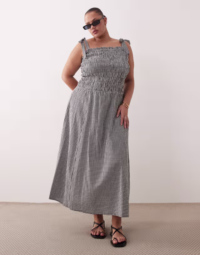 Esmee Curve tie straps shirred beach maxi dress in black & white gingham