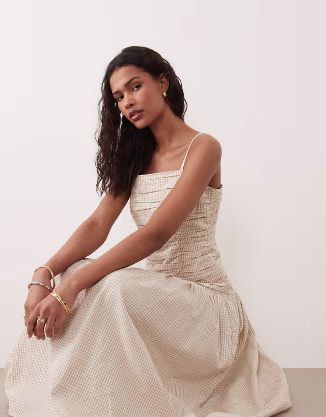 Brave Soul strappy midi dress with ruched bodice in brown gingham plaid