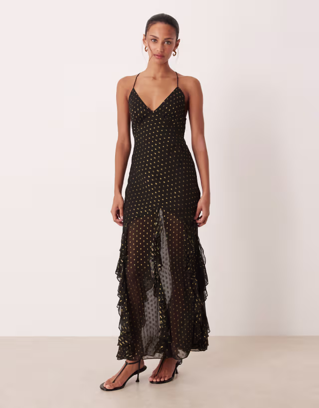 For Love & Lemons lace-up back strappy maxi dress in black polka dot print