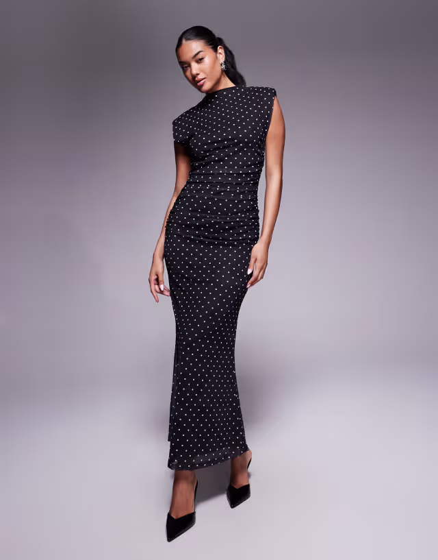 ASOS DESIGN high neck detail maxi dress with shoulder pads in polka dot