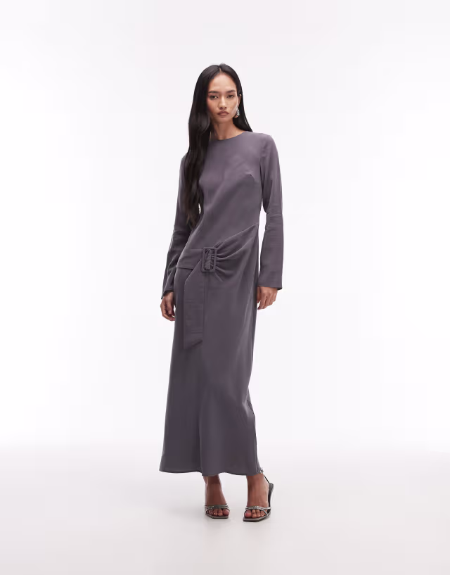 ASOS DESIGN slash neck drop waist belted maxi dress in charcoal gray