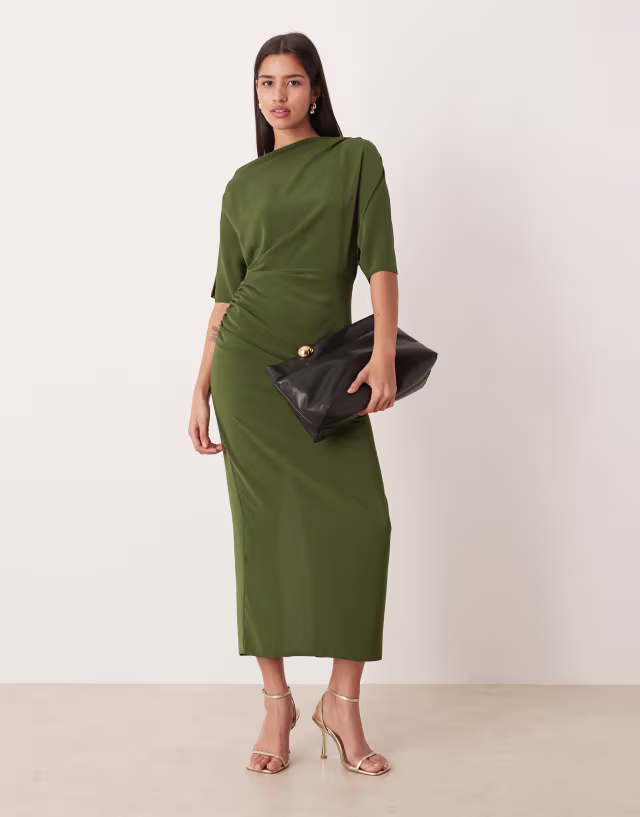 ASOS DESIGN dropped shoulder draped slinky midi dress in olive