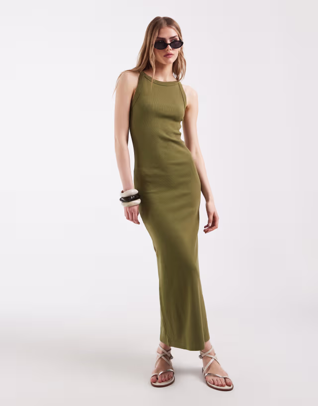 ASOS DESIGN ribbed tank midi dress in khaki