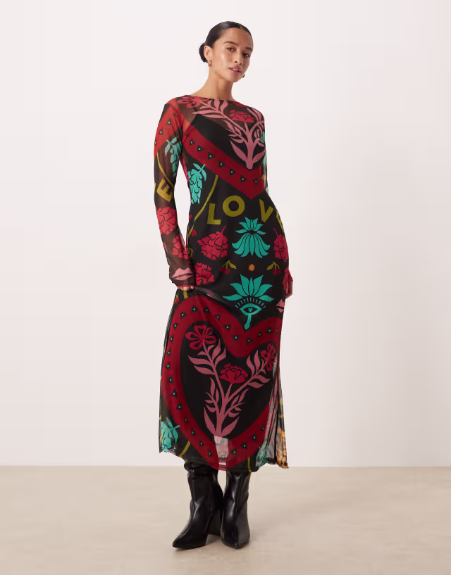 Never Fully Dressed Petite mesh midaxi dress in bright abstract print