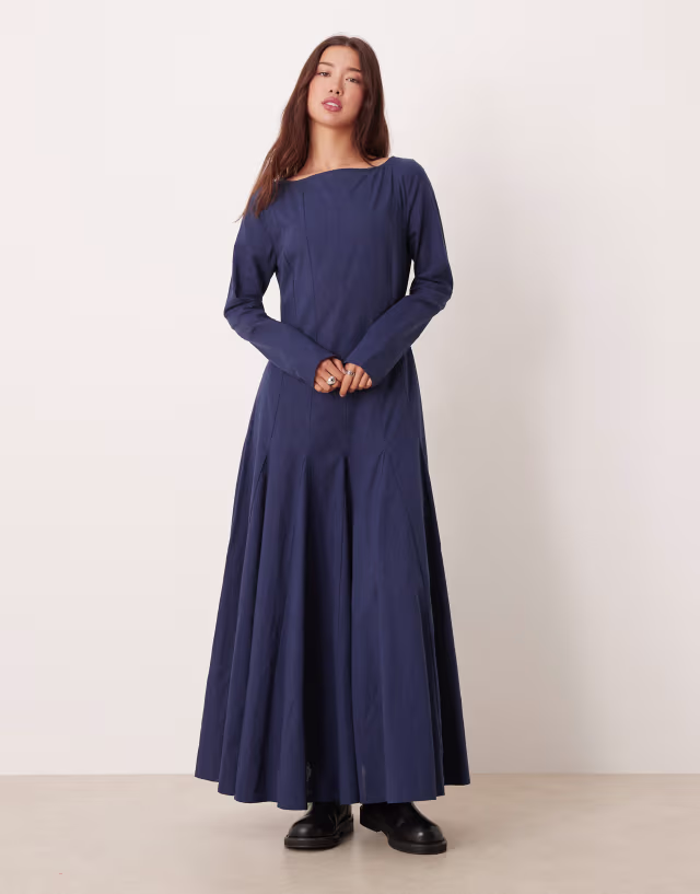 ASOS DESIGN slash neck maxi dress with full skirt in navy
