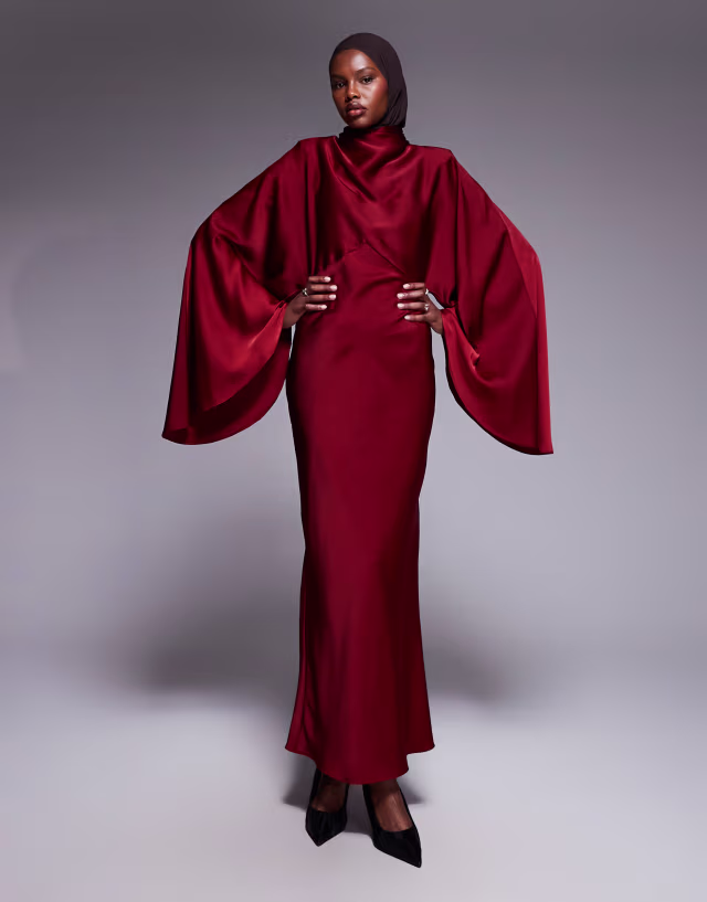ASOS DESIGN funnel neck satin maxi dress with exaggerated sleeves in red