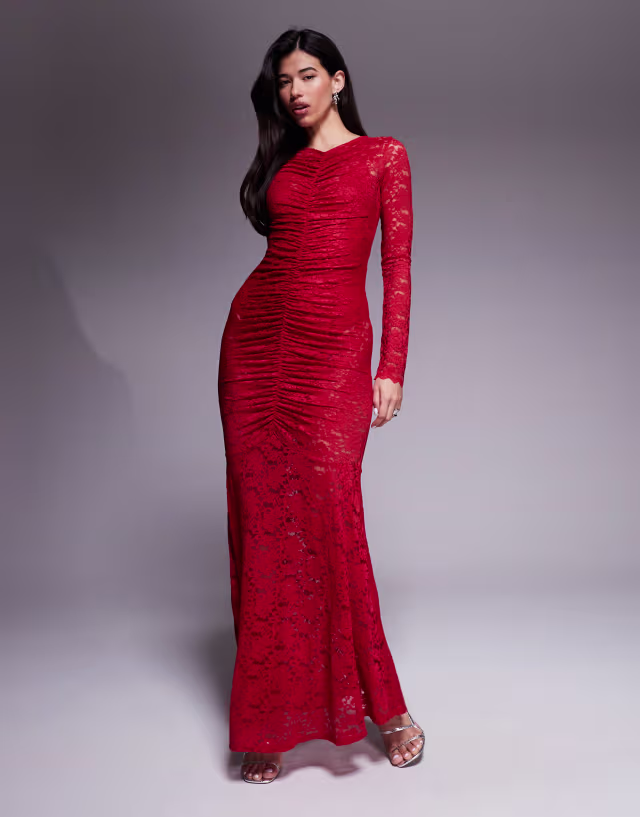AFRM ruched lace long sleeve maxi dress with bodysuit in poppy red