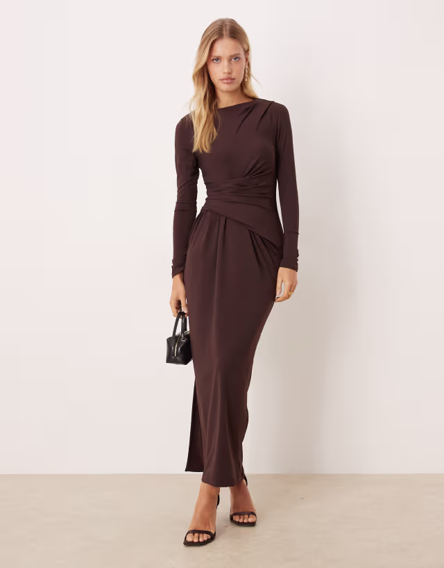 ASOS DESIGN soft touch long sleeve drape maxi dress in chocolate