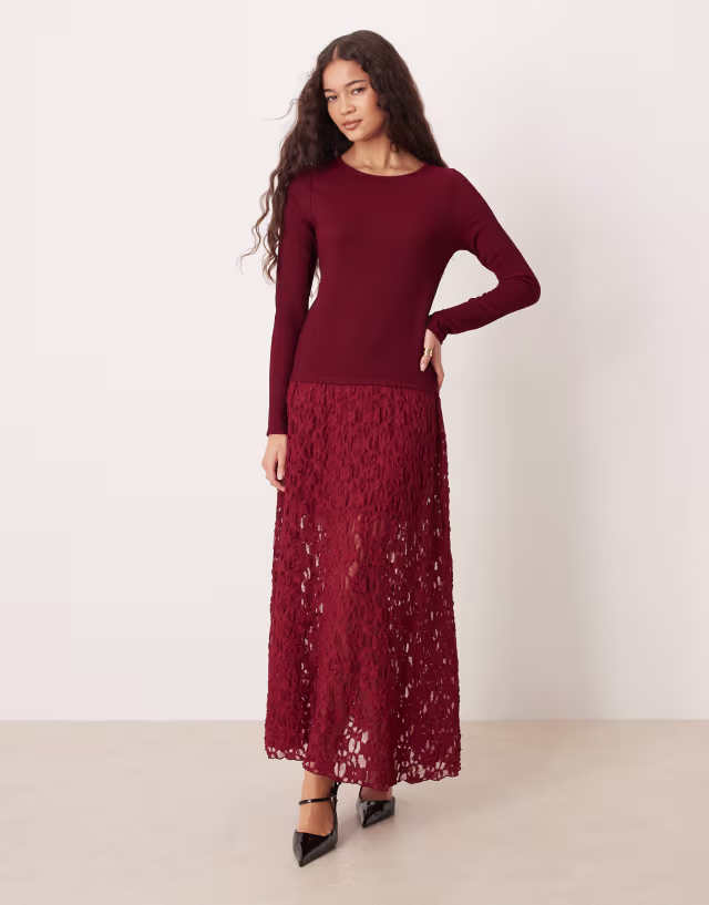 ASOS DESIGN long sleeve dropped waist lace skirted midi dress in burgundy