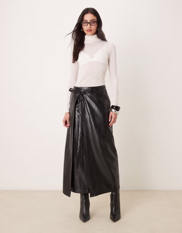 Ghospell faux leather wrap midi skirt with tie detail in black