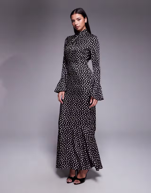 Daska satin knot detail fluted sleeve maxi dress in black polka dot