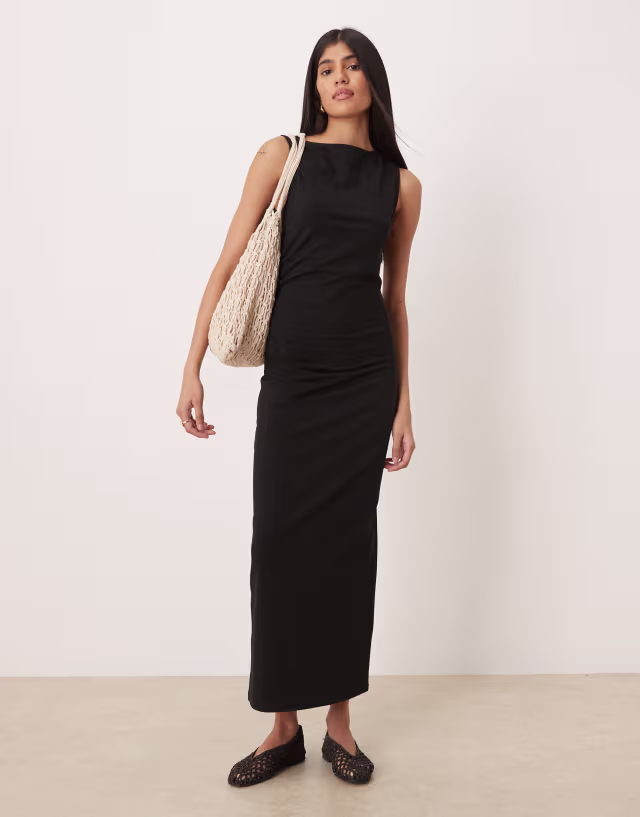 ASOS DESIGN ruched side midi dress with slash neck in black