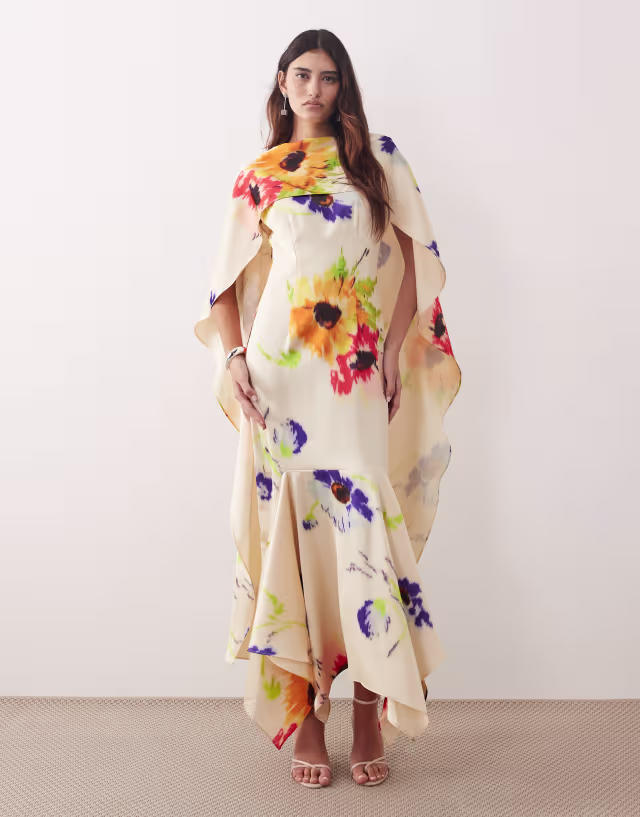 ARRANGE scarf neck maxi dress with square cut hem in blurred floral print