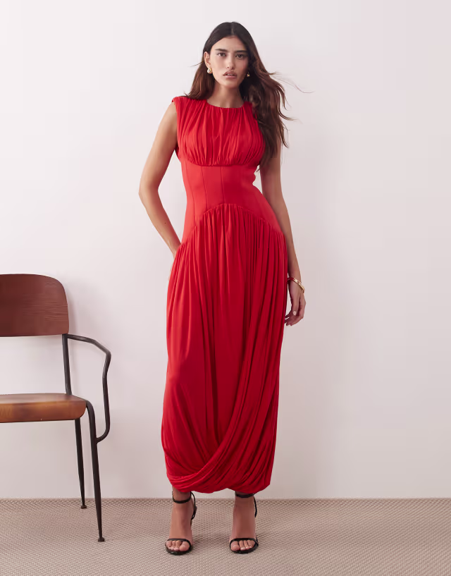 ARRANGE gathered draped maxi dress with cinched waist in red